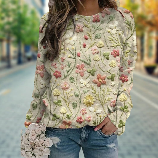 Norah | Pull Femme Chic à Col Rond avec Broderie Florale Élégante