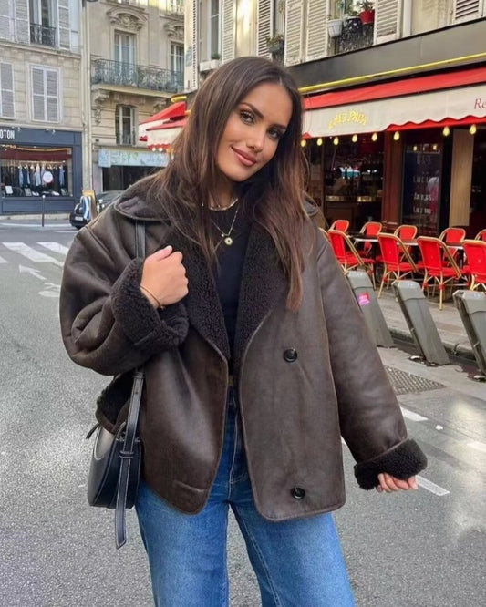 Marlène | Vintage Jacket - Veste Marron Foncé Femme avec Doublure Fleece et Col Revers