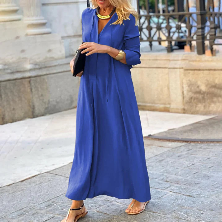 Miranda | Robe Longue Femme en Lin Uni à Col V Élégante et Confortable