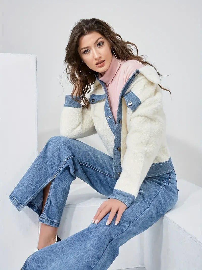 Veste Femme Teddy Douce avec Détails Patchwork en Jean | Style Moderne & Confort Absolu