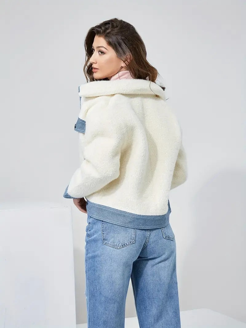 Veste Femme Teddy Douce avec Détails Patchwork en Jean | Style Moderne & Confort Absolu