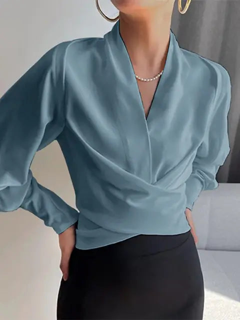 Mélina | Blouse Élégante à Col V et Manches Bouffantes
