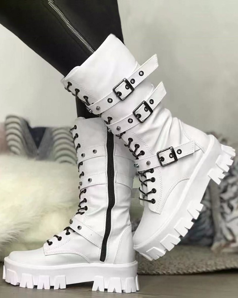 Guillemette | Bottes Militaires Femme Blanches à Boucles Ajustables et Semelle Robuste