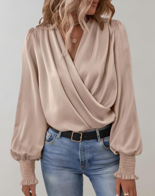 Evelyne | Blouse Femme à Col V, Fluide avec Manches Bouffantes