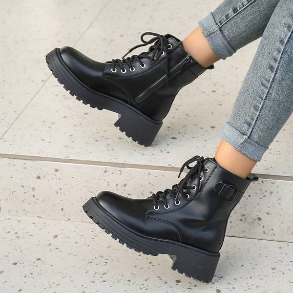 Euphrasie | Bottines Femme Style Combat à Lacets, Plateau et Fermeture Éclair Latérale