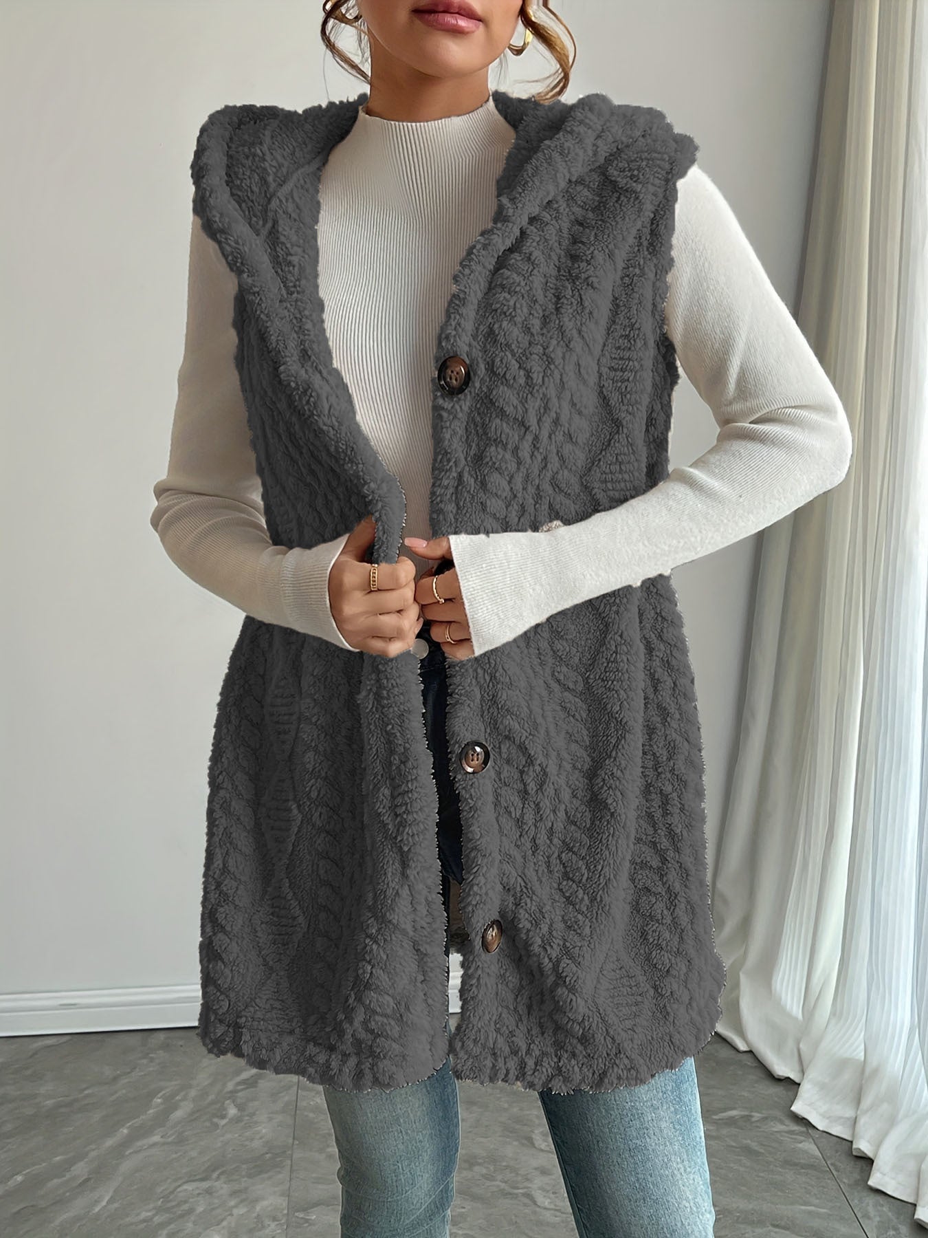 Aude | Gilet long teddy sans manches à capuche femme