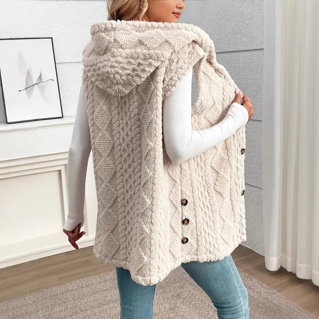 Aude | Gilet long teddy sans manches à capuche femme