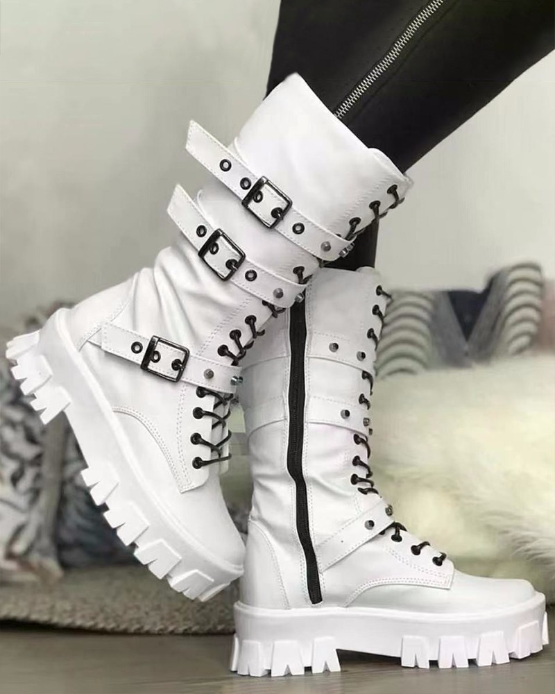 Guillemette | Bottes Militaires Femme Blanches à Boucles Ajustables et Semelle Robuste