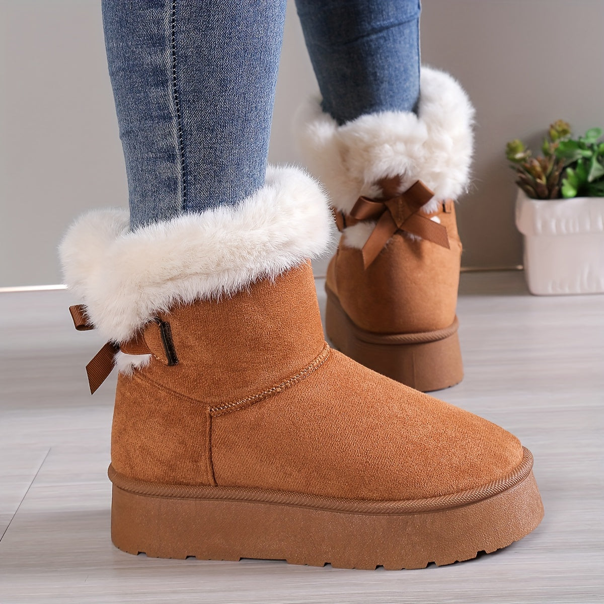 Bottes Hiver Femme | Doublure Chaude en Peluche & Nœud Élégant