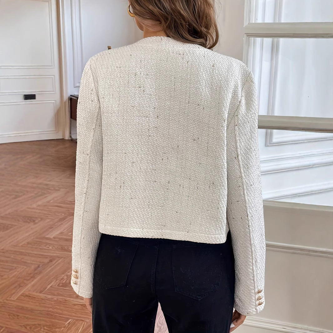 Anceline | Cardigan en Lin Texturé Beige avec Boutons Élégants