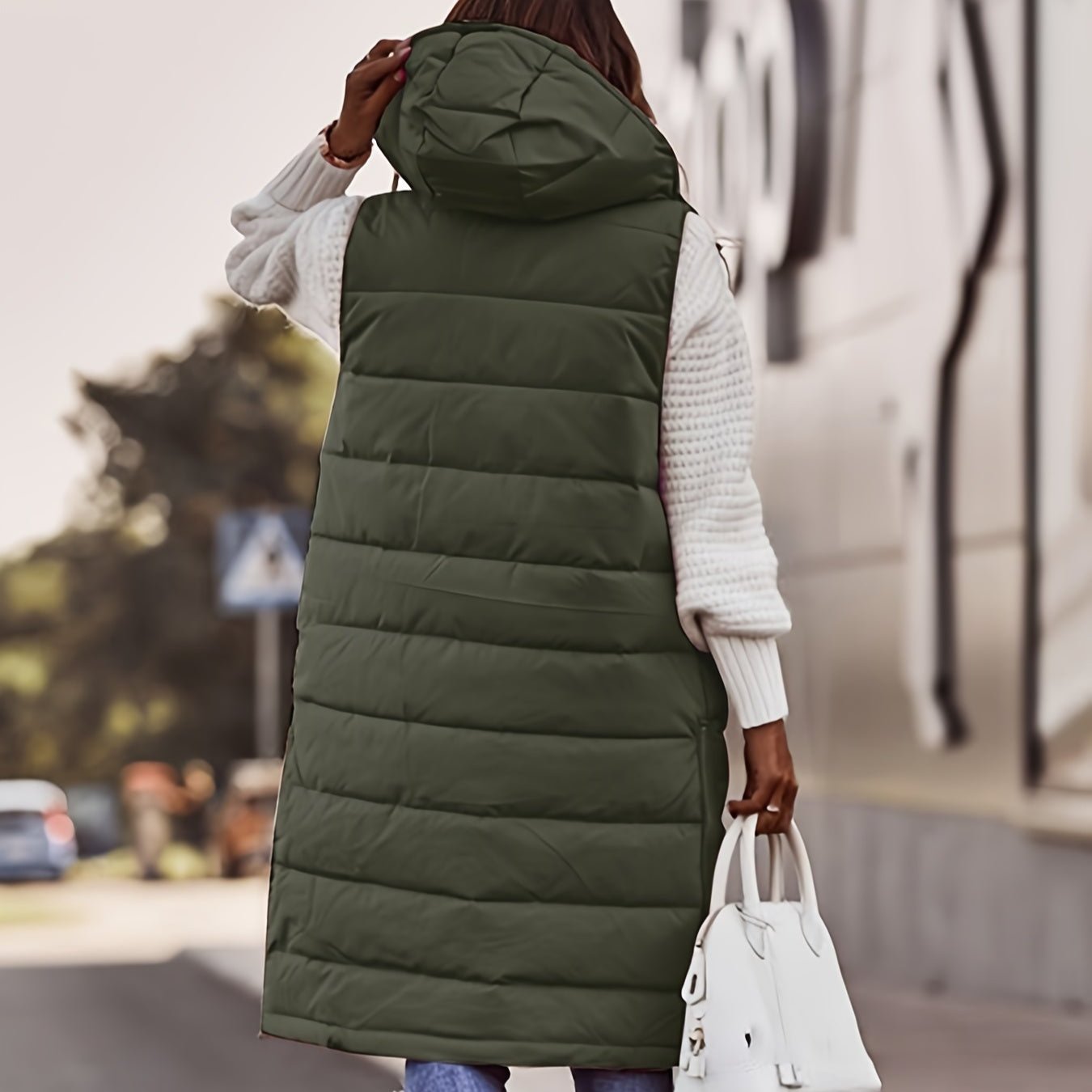 Eulalie | Gilet Femme Long Matelassé à Capuche, Sans Manches, Couleur Unie