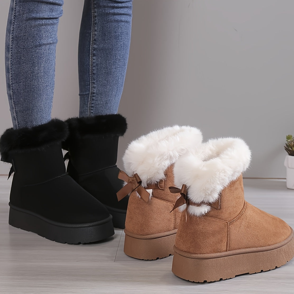 Bottes Hiver Femme | Doublure Chaude en Peluche & Nœud Élégant