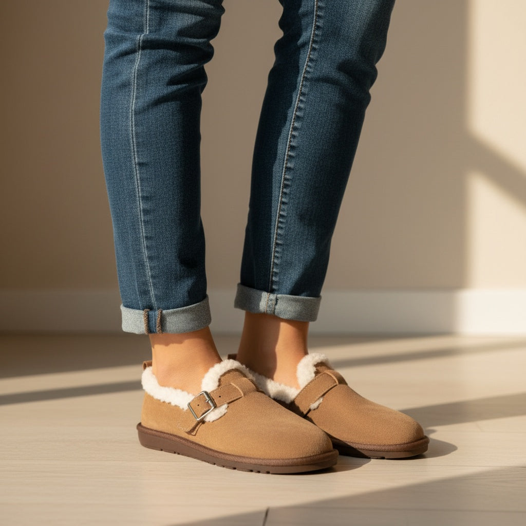 Chaussons Chauds avec Fourrure et Boucle pour Femme