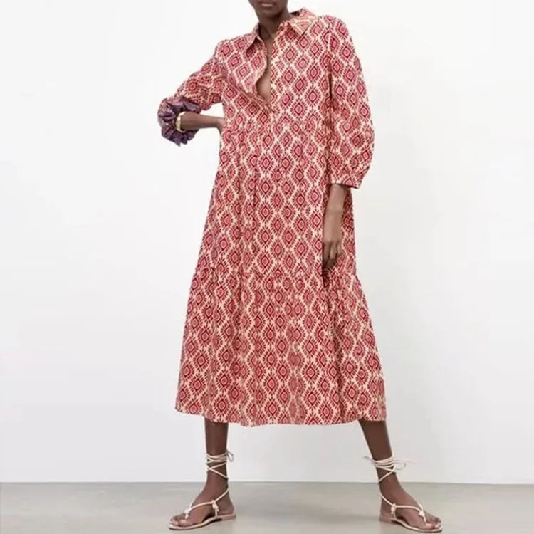 Philomène | Robe Femme Midi Ample à Manches Longues avec Motif Géométrique Élégant