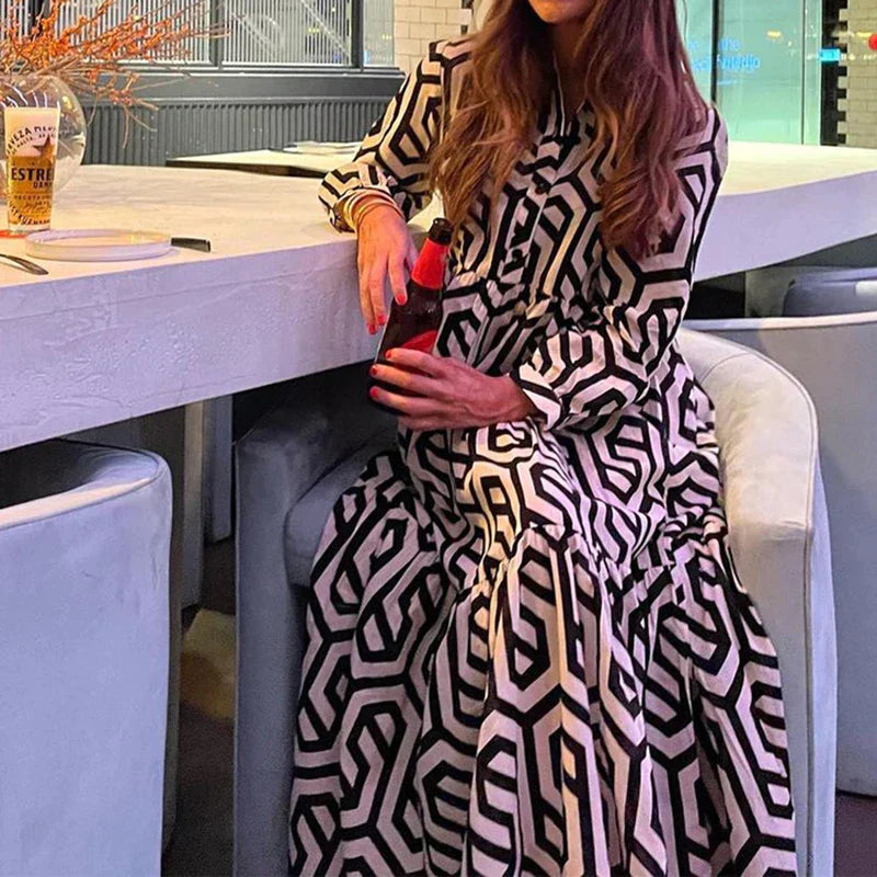 Philomène | Robe Femme Midi Ample à Manches Longues avec Motif Géométrique Élégant
