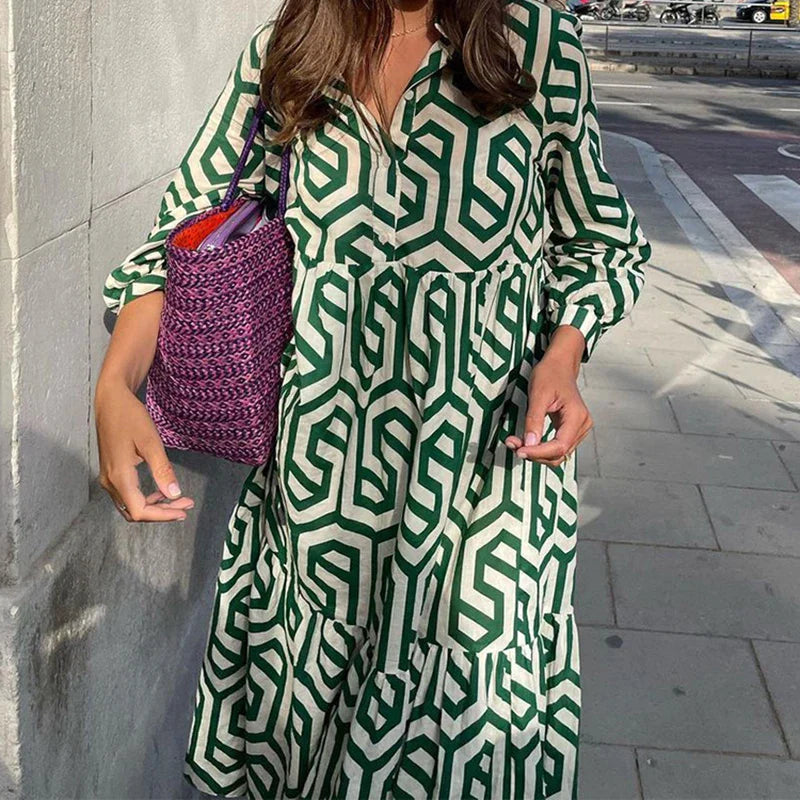 Philomène | Robe Femme Midi Ample à Manches Longues avec Motif Géométrique Élégant