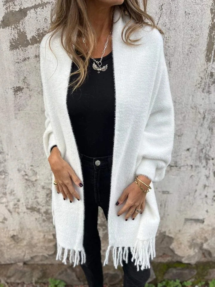 Viviane | Cardigan Long Femme Élégant avec Franges