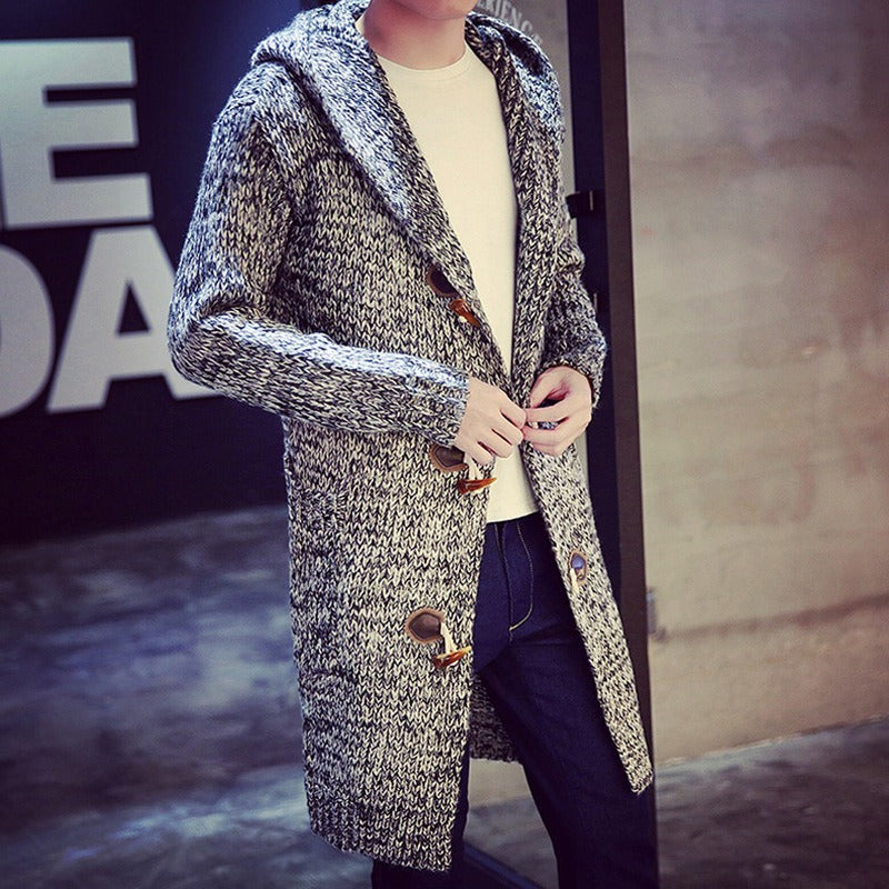 Gordon | Cardigan Homme Long à Capuche Tricoté avec Fermeture à Bascule en Bois et Poches