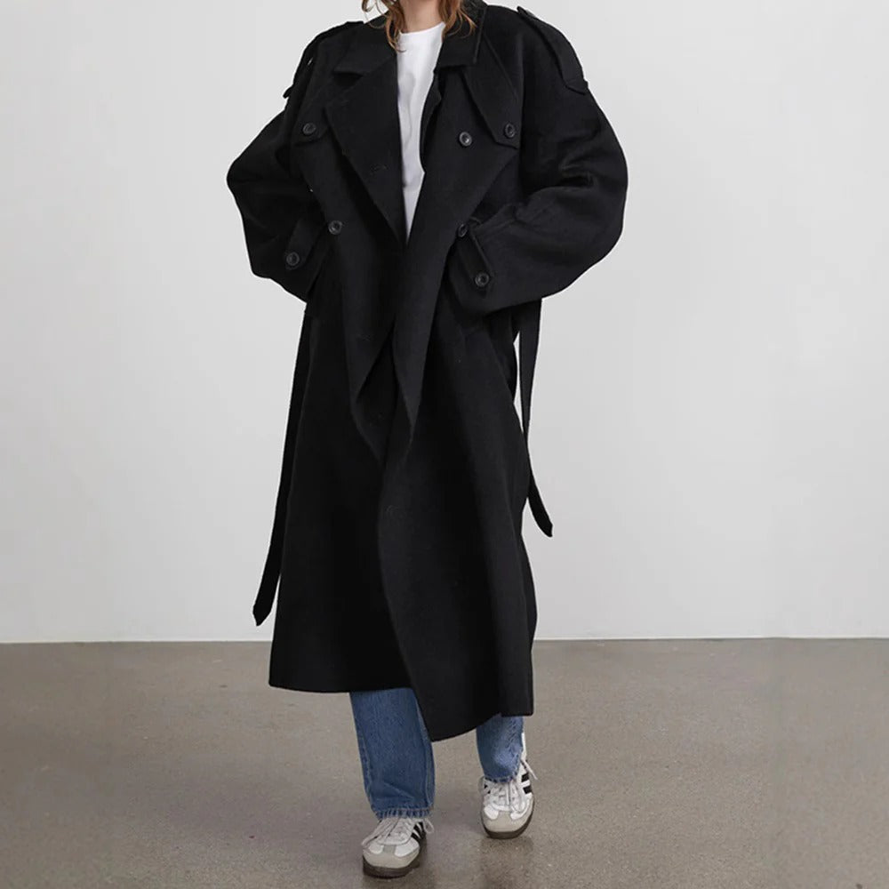 Dominelle | Trench Coat Femme Long Oversized, Double-Breasted avec Ceinture Taille et Col Revers