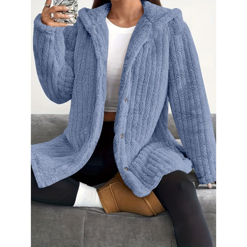 Avril | Veste Femme Teddy à Capuche, Boutonnée et Ample, Couleur Unie