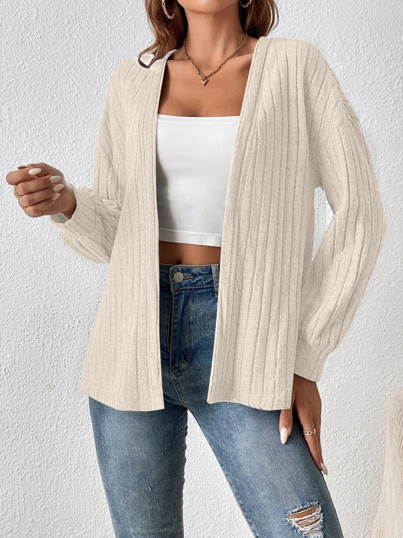 Axia-Marie | Cardigan Femme Ouvert à Tricot Côtelé, Couleur Unie et Décontracté