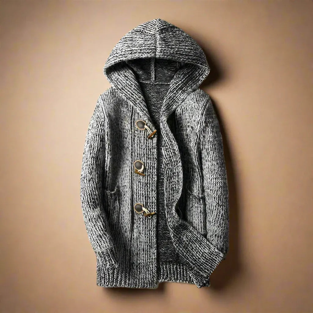 Gordon | Cardigan Homme Long à Capuche Tricoté avec Fermeture à Bascule en Bois et Poches