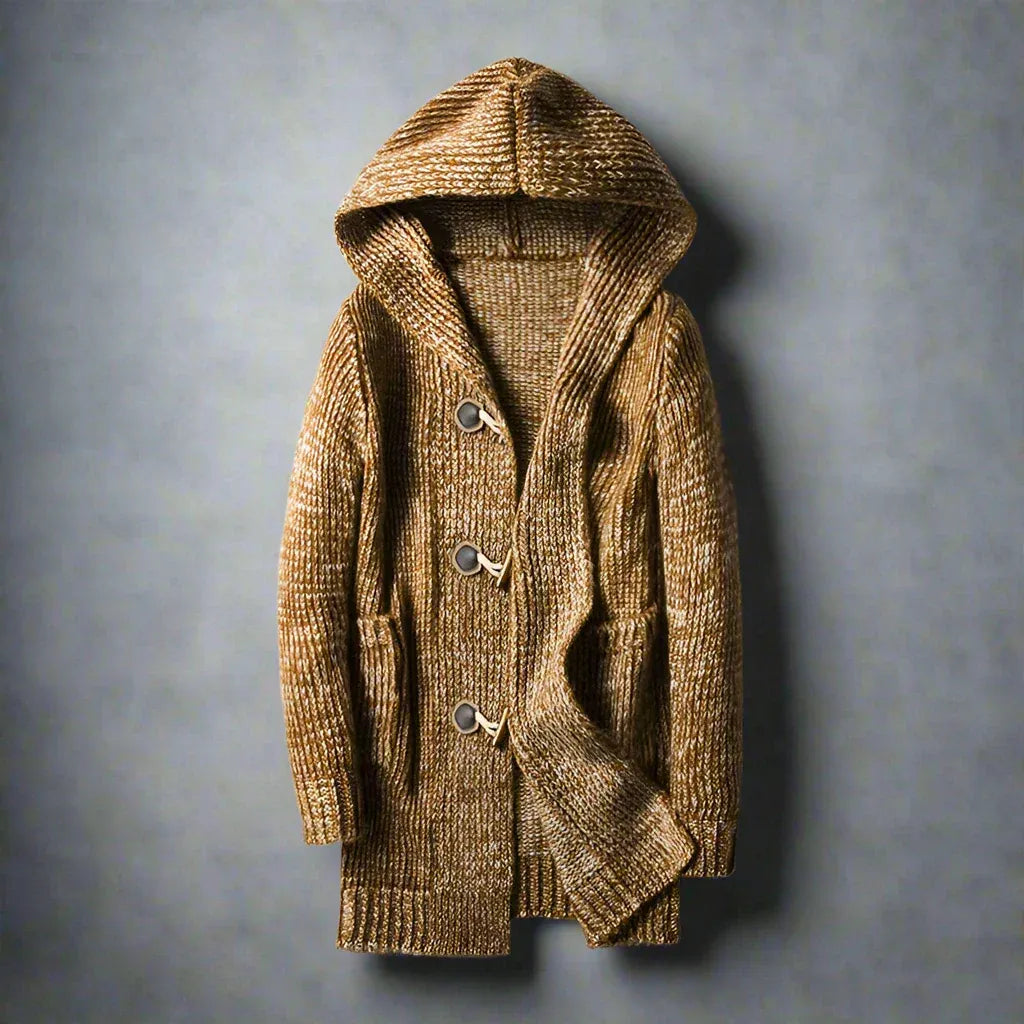 Gordon | Cardigan Homme Long à Capuche Tricoté avec Fermeture à Bascule en Bois et Poches