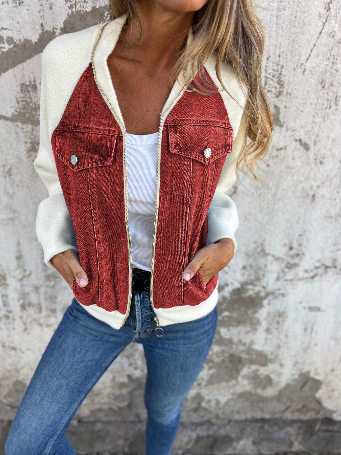 Élaina | Veste Denim Femme Patchwork Bicolore Zippée Élégante
