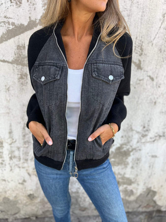 Élaina | Veste Denim Femme Patchwork Bicolore Zippée Élégante