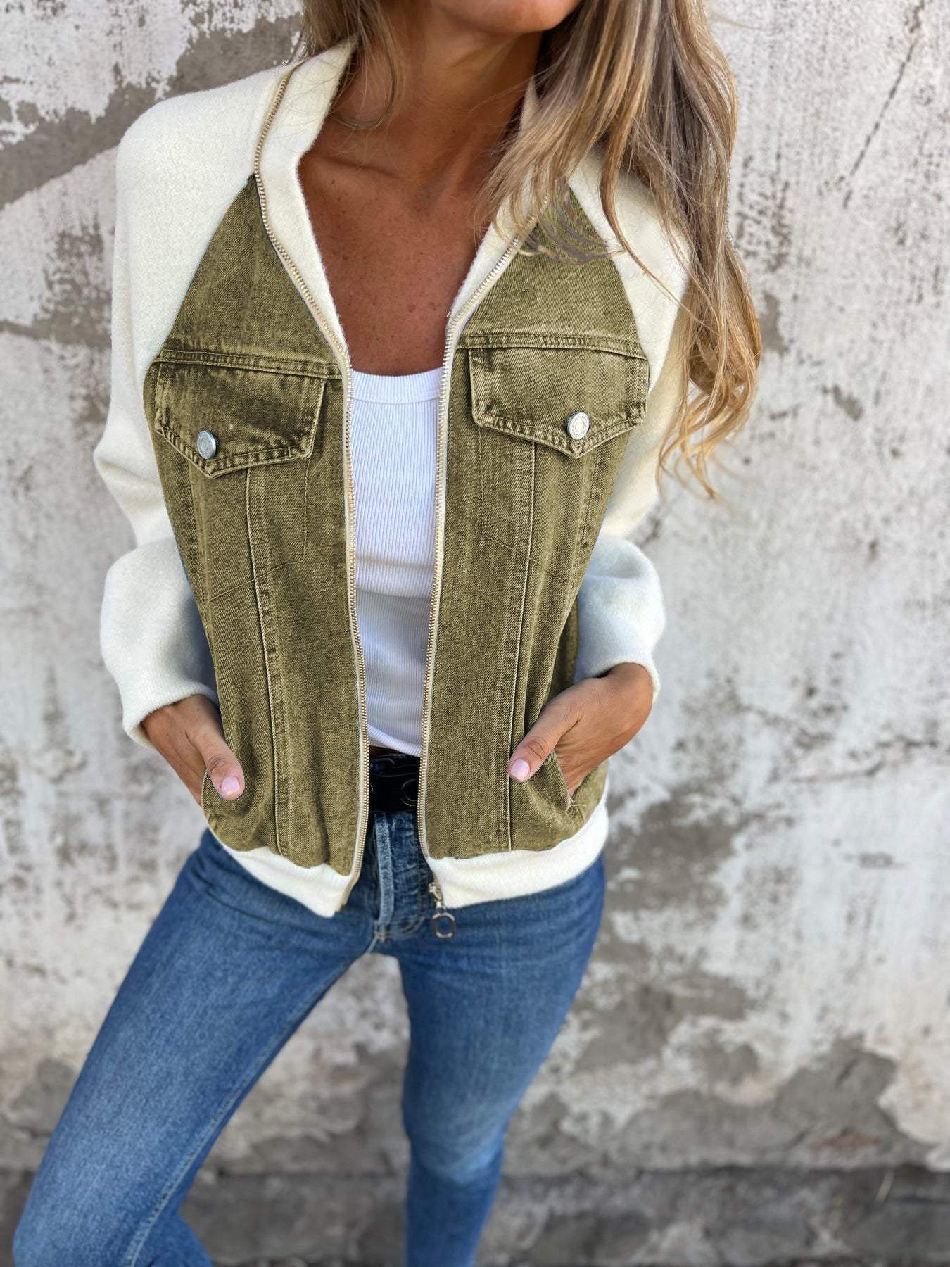 Élaina | Veste Denim Femme Patchwork Bicolore Zippée Élégante