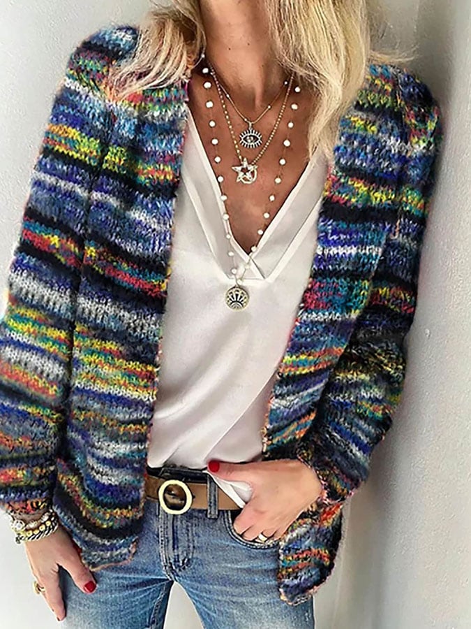 Léa | Cardigan Tricoté Multicolore à Rayures