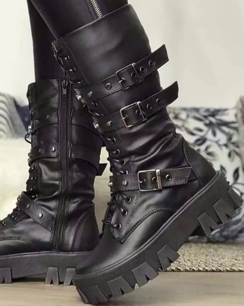 Guillemette | Bottes Militaires Femme Blanches à Boucles Ajustables et Semelle Robuste