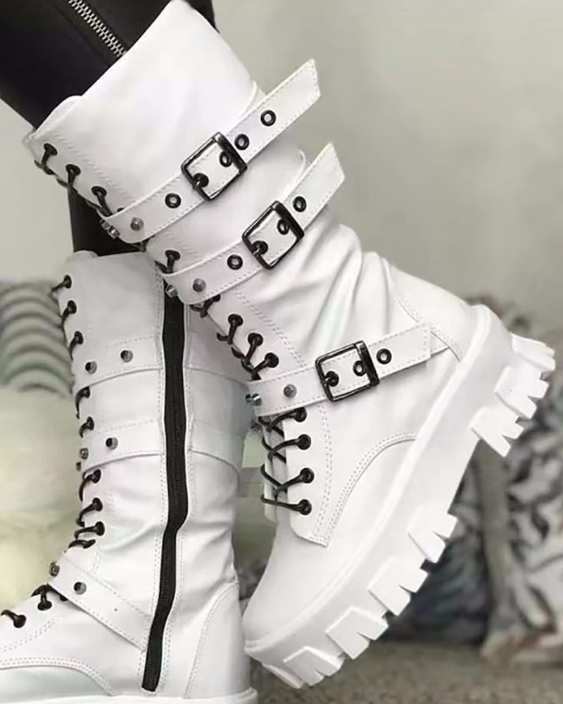 Guillemette | Bottes Militaires Femme Blanches à Boucles Ajustables et Semelle Robuste