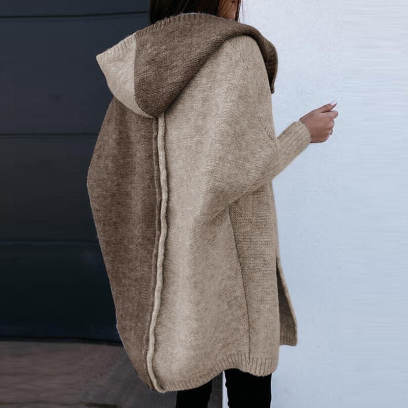 Damen Zweifarbiger Oversize Cardigan - Langer Gestrickter Hoodie