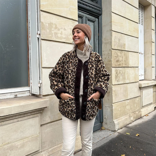 Florette | Veste d’Hiver Femme à Imprimé Léopard, Boutonnée et Coupe Large