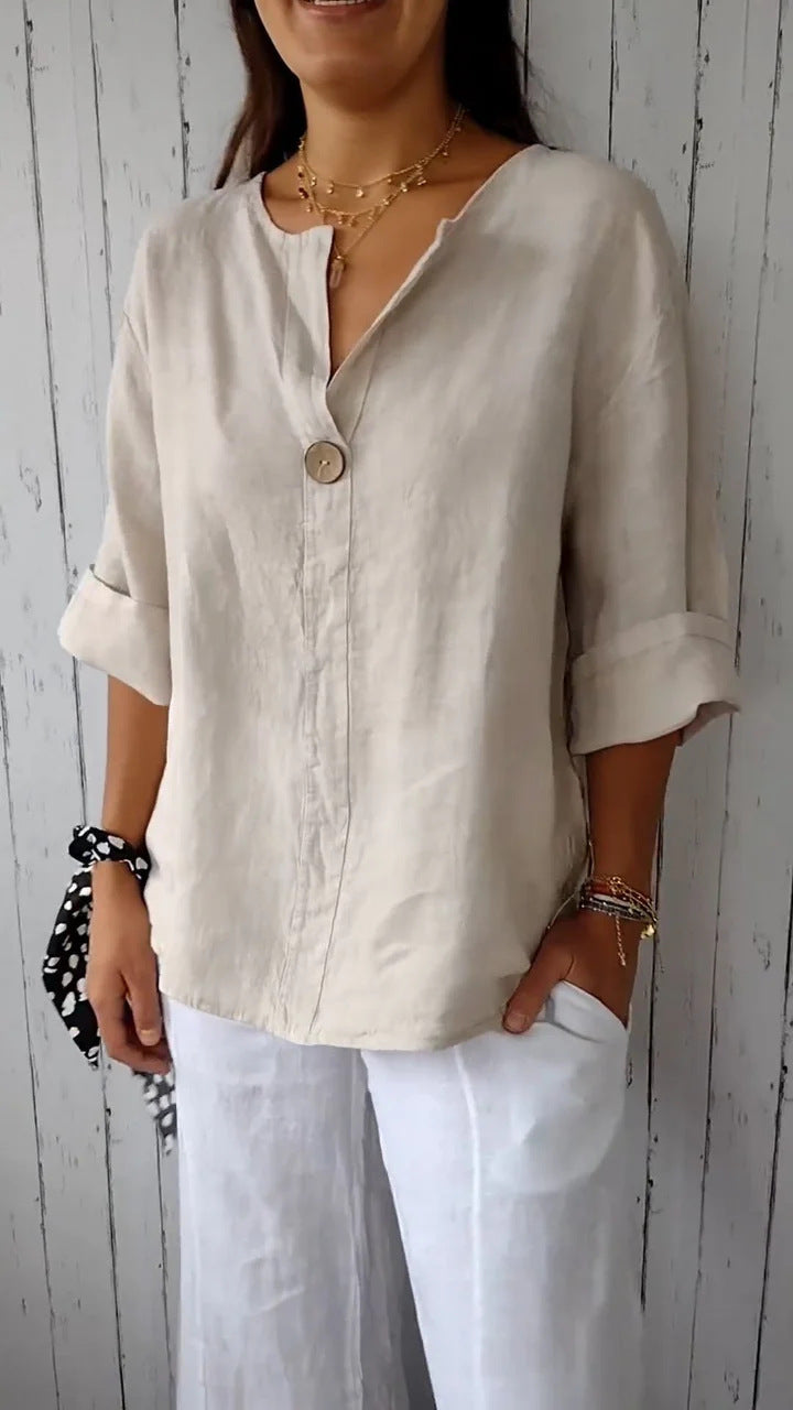 T-Shirt Femme à Col V avec Boutons – Style Décontracté pour le Quotidien