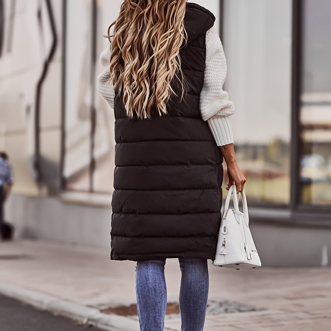 Eulalie | Gilet Femme Long Matelassé à Capuche, Sans Manches, Couleur Unie