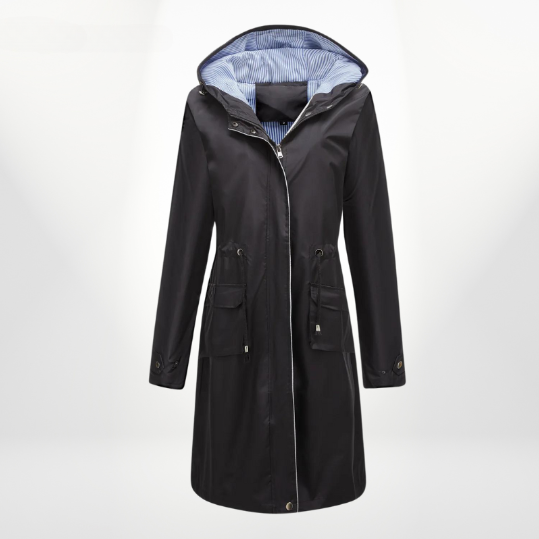 Laure | Trench Long Femme à Capuche et Taille Ajustable Kaki