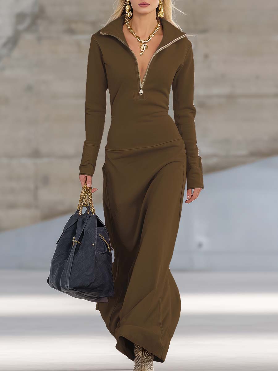 Zip-Collar Maxidress Femme | Élégance Moderne et Silhouette Flatteuse