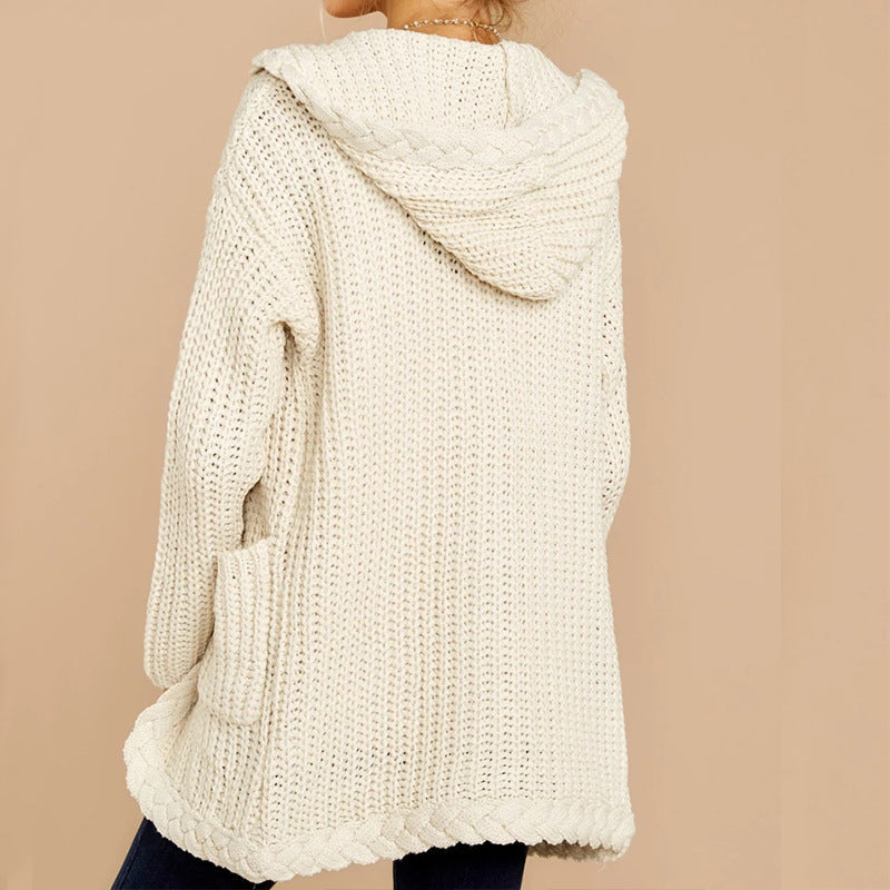 Cardigan Femme en Gros Tricot avec Capuche et Poches Pratiques