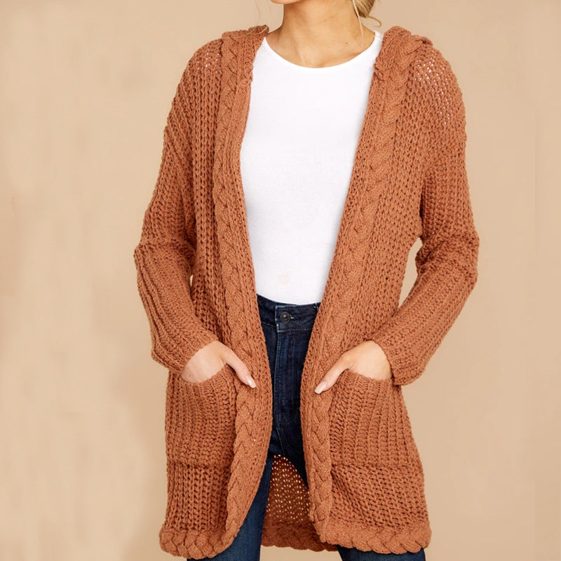 Cardigan Femme en Gros Tricot avec Capuche et Poches Pratiques