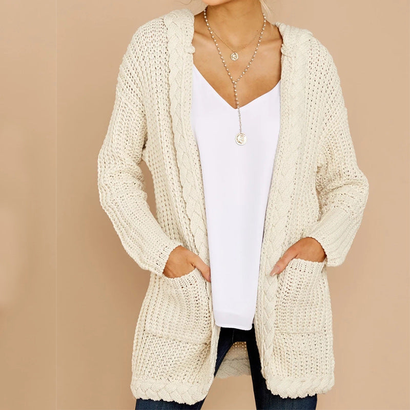 Cardigan Femme en Gros Tricot avec Capuche et Poches Pratiques