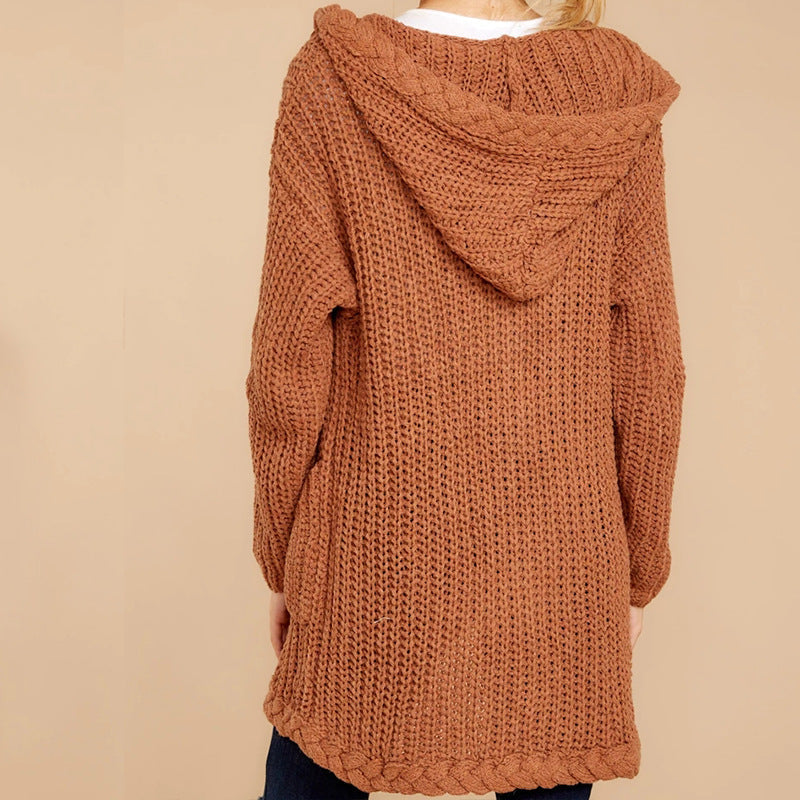 Cardigan Femme en Gros Tricot avec Capuche et Poches Pratiques