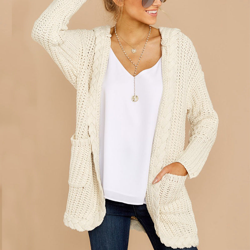 Cardigan Femme en Gros Tricot avec Capuche et Poches Pratiques