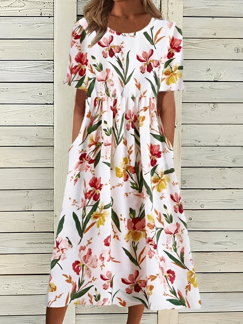 Robe Midi Femme Élégante à Motif Floral et Coupe Fluide