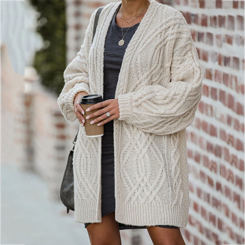 Cardigan Femme en Gros Tricot avec Motif Torsadé Élégant et Coupe Décontractée