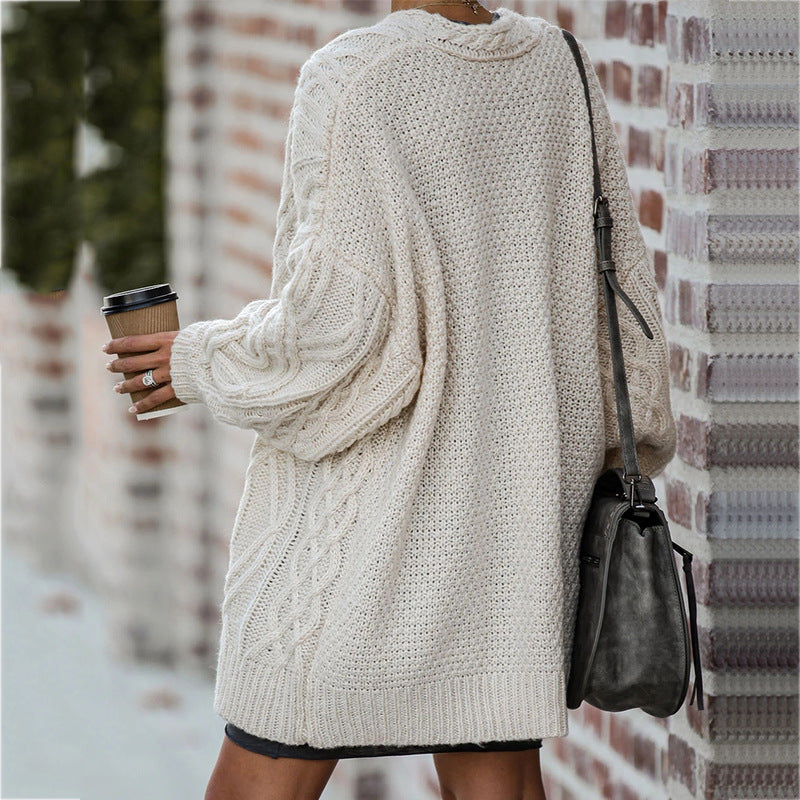Cardigan Femme en Gros Tricot avec Motif Torsadé Élégant et Coupe Décontractée