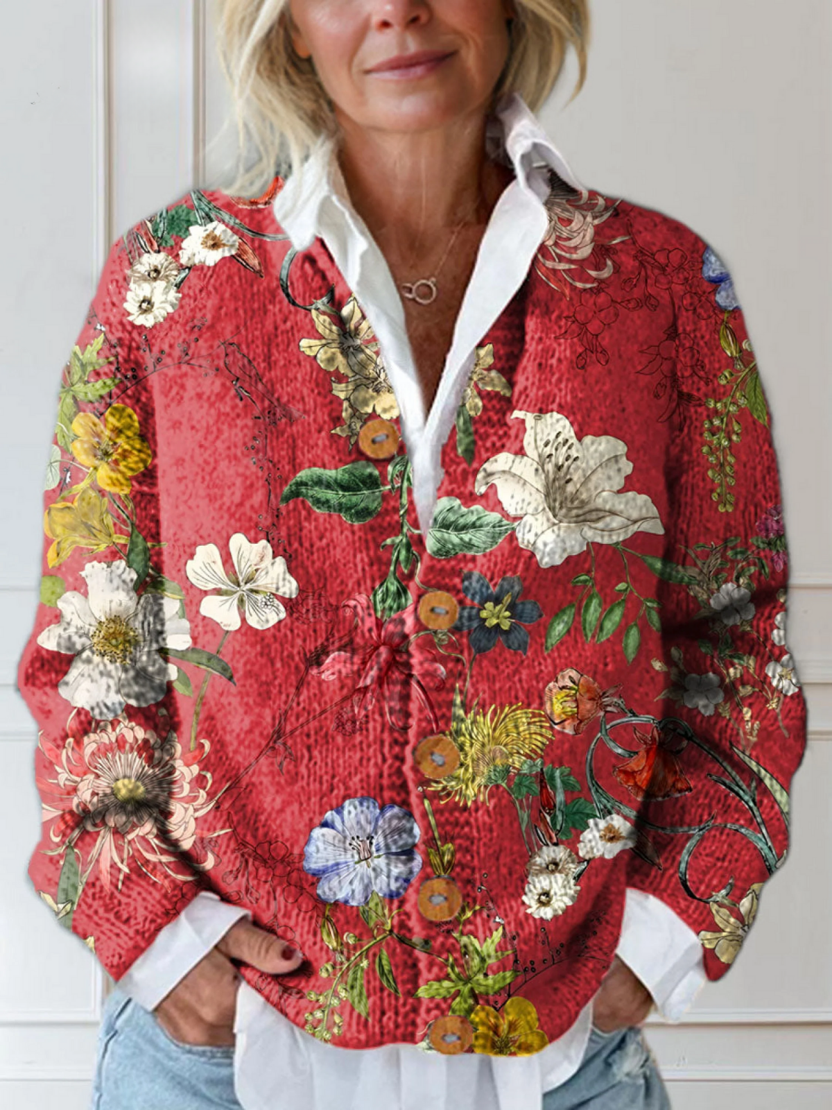 Vintage Floral Cardigan Femme | Gilet Boutonné à Motifs Artistiques