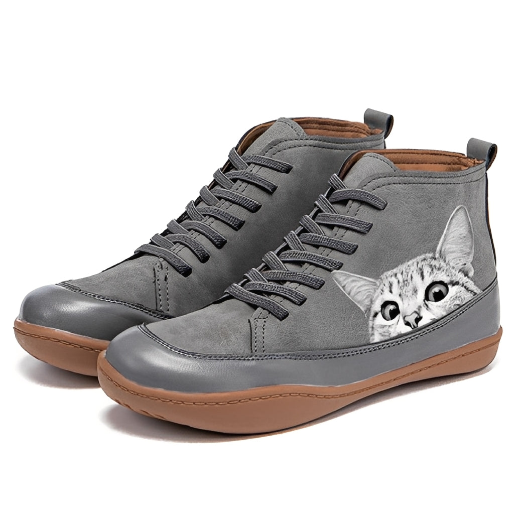 Bottines Femme en Cuir avec Motif Chat | Élégance et Charme Ludique