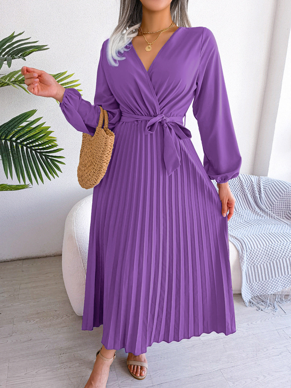 Robe Maxi Femme Élégante Plissée avec Ceinture et Silhouette Féminine